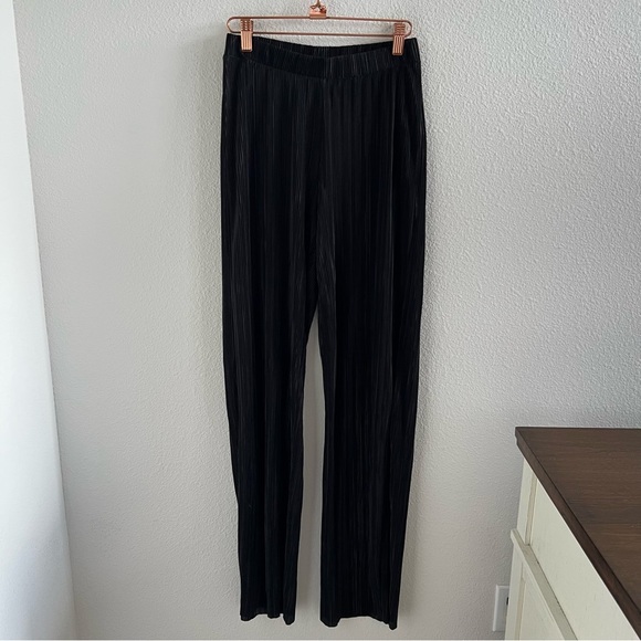 Zara Black Straight Flare Semi Sheer Black Vertical Accordion Crinkle Pants S - Picture 1 of 9